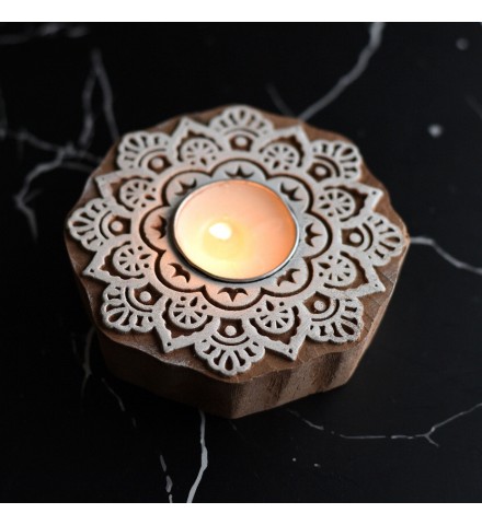 Surajmukhi Wooden T- Light Holder with 6 Soy Wax Candles